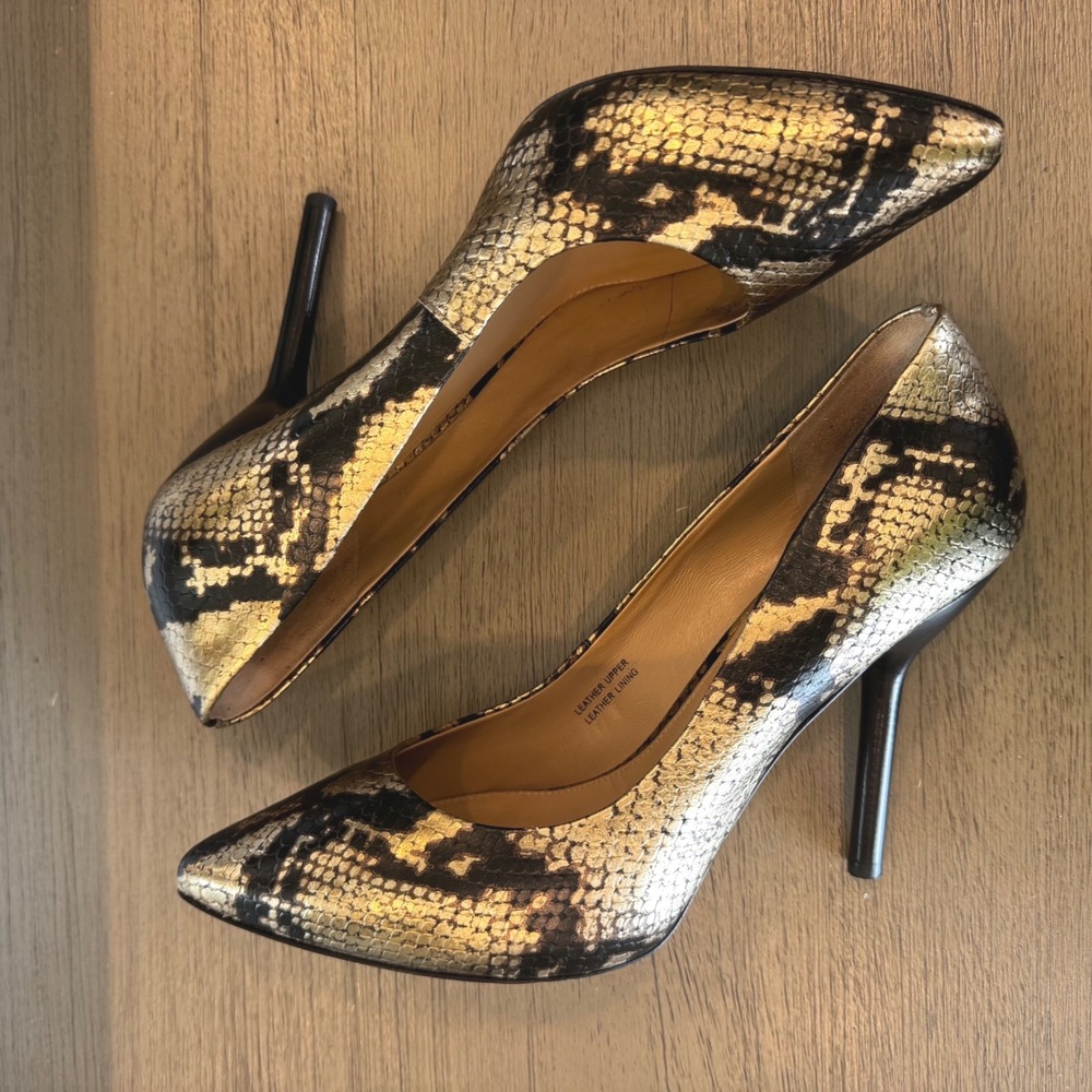 Via Spiga Womens 8M Gold Black Snakeskin Embossed Leather Pointed Toe Pumps Heel
